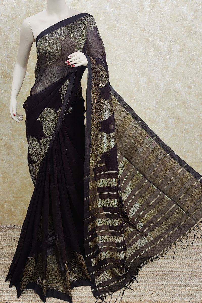 Coffee Golden color Linen Saree (With Blouse) MC251806